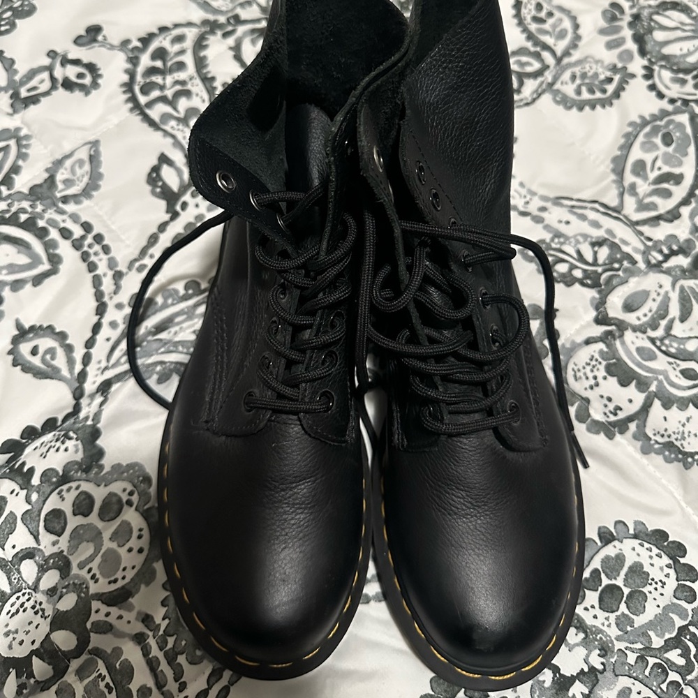 Dr. Martens Black Leather Combat Boots with Yellow Stitching